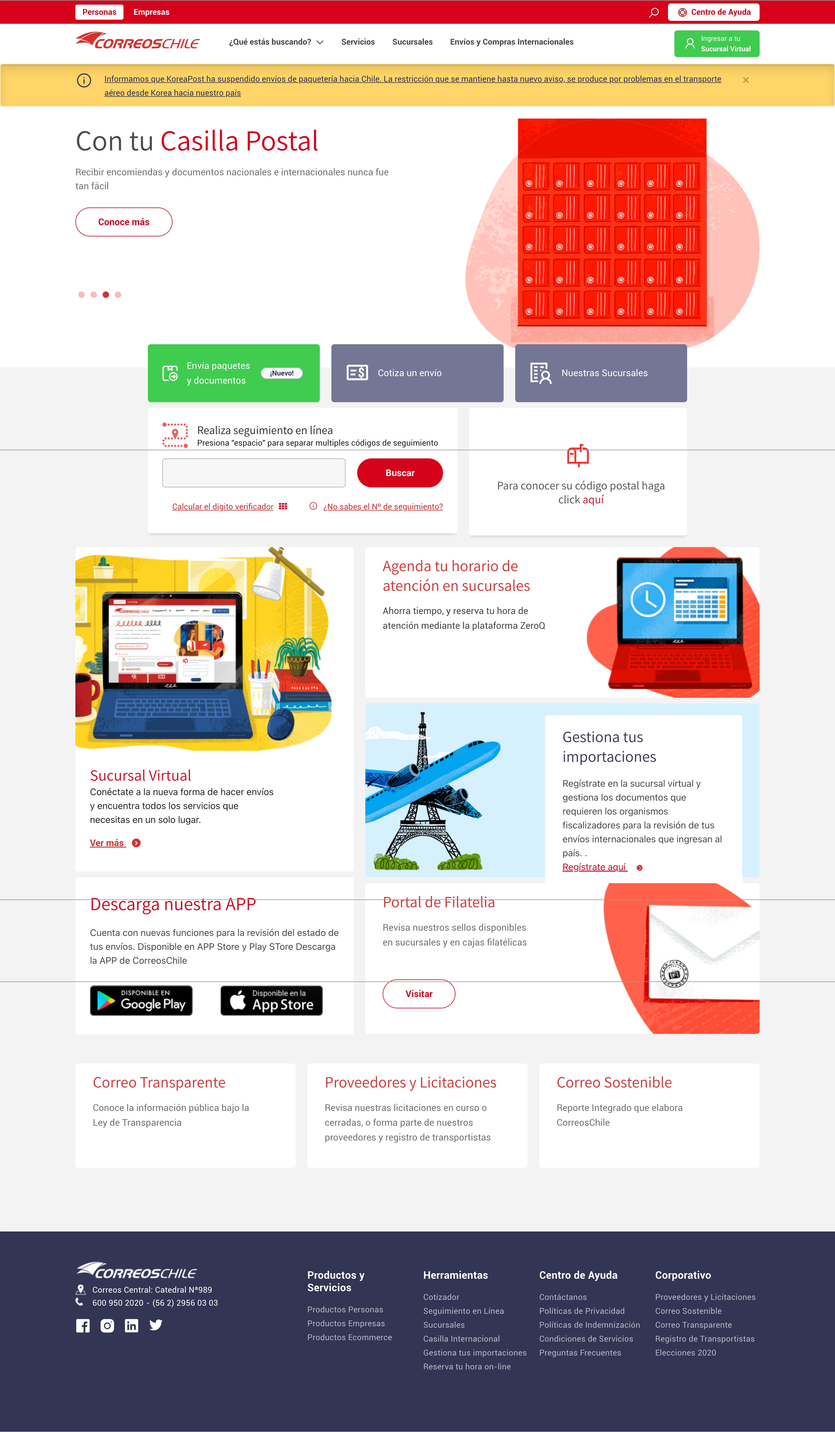Captura del rediseño de Correos de Chile